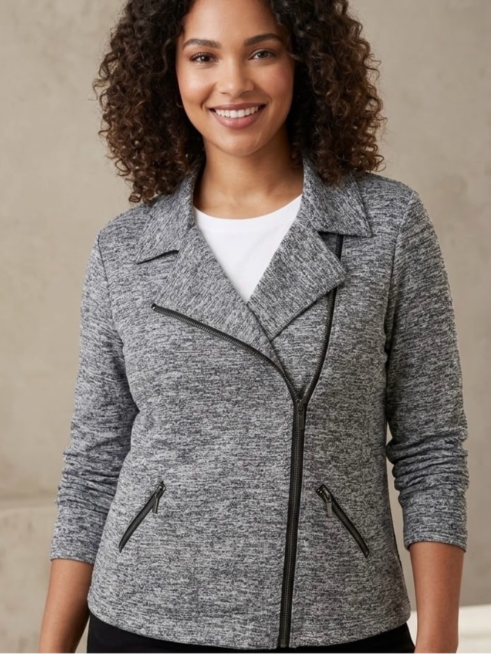 Maurices Women's Large Gray Space Dye Knit Moto Jacket Asymmetrical Zip